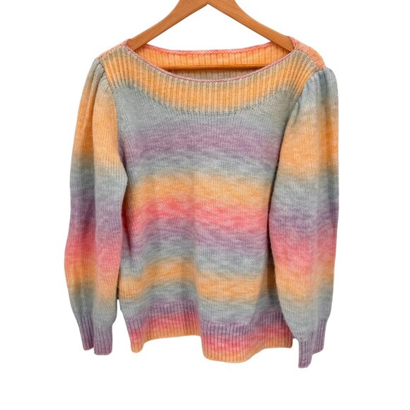 Design365 Boat Neck Sweater Womens XL Rainbow Knit Wool‎ Blend Puff sleeve - Picture 1 of 7